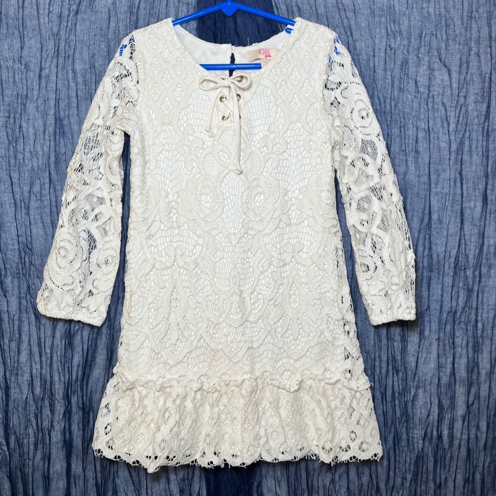 GB Girls Ivory Lace Long Sleeve Cottage Dainty Fairy Boho Dress Flower Girl Sz 6